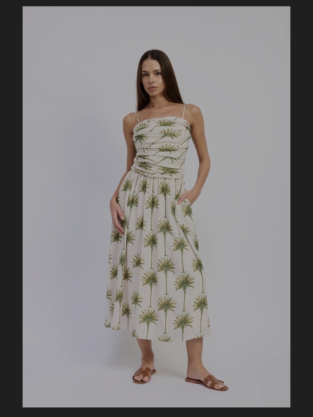 En Saison Cream Palm-Print Spaghetti Strap Midi Dress